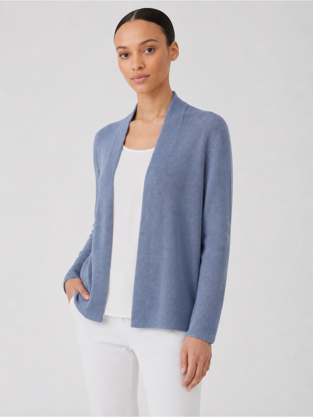Eileen Fisher Silk Cotton Blend Open Front Knit Cardigan Blue Women Size L